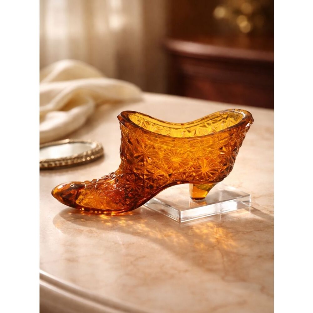 Vintage Antique Mid Century Modern Amber Glass Daisy Shoe Succulent Planter